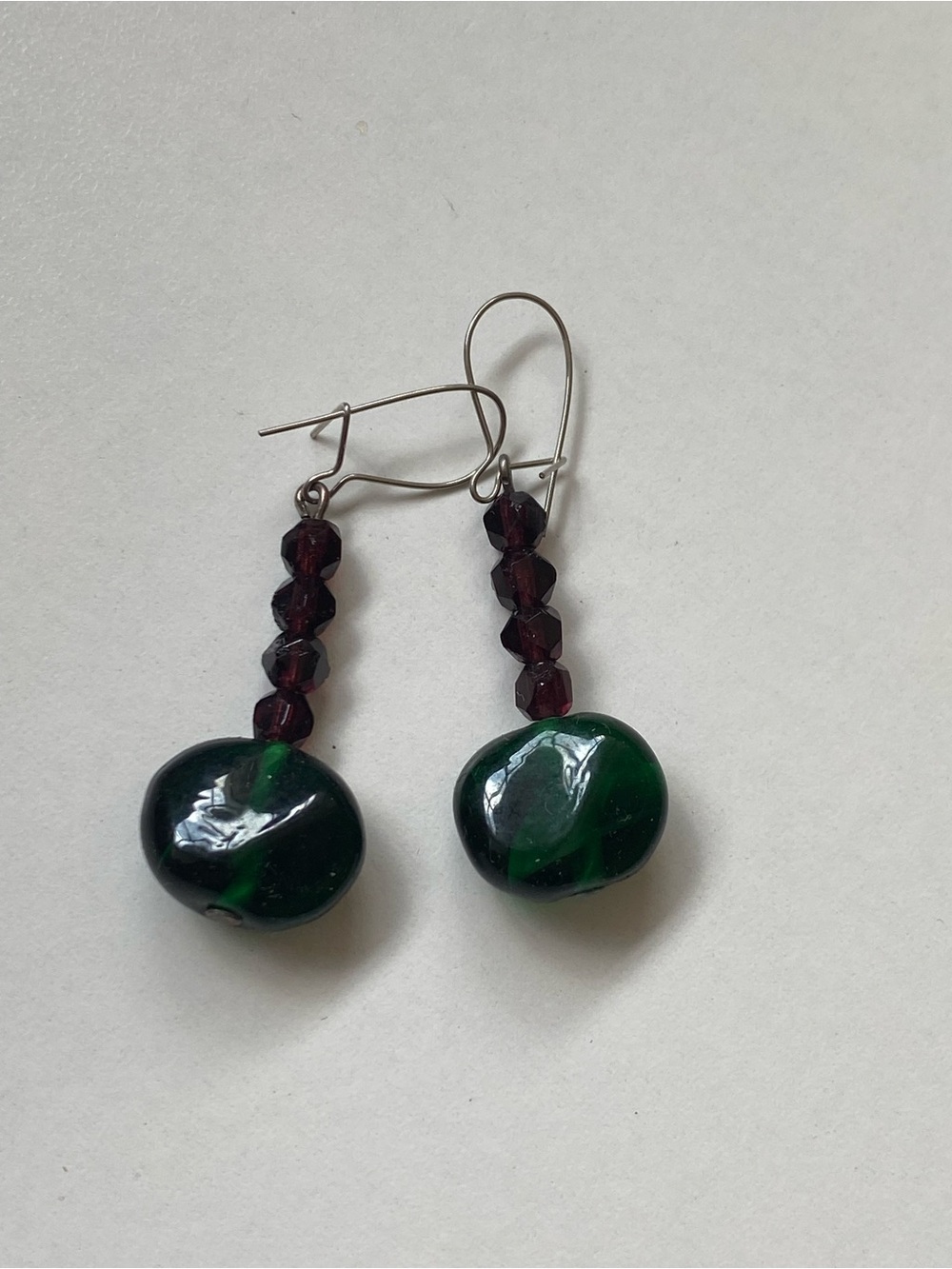 Green and Dark Red Glass Bead Drop Earrings - Women's Jewelry